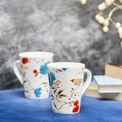 TIO's Ceramic Floral Print - Milk & Coffee Mug, 300 Ml - Set of 2 (Birdsong)