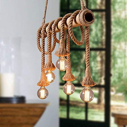 TIO's Bamboo and Jute Rope Ceiling Hanging Chandelier Pendant Ceiling Lamp (Bulb not Included)