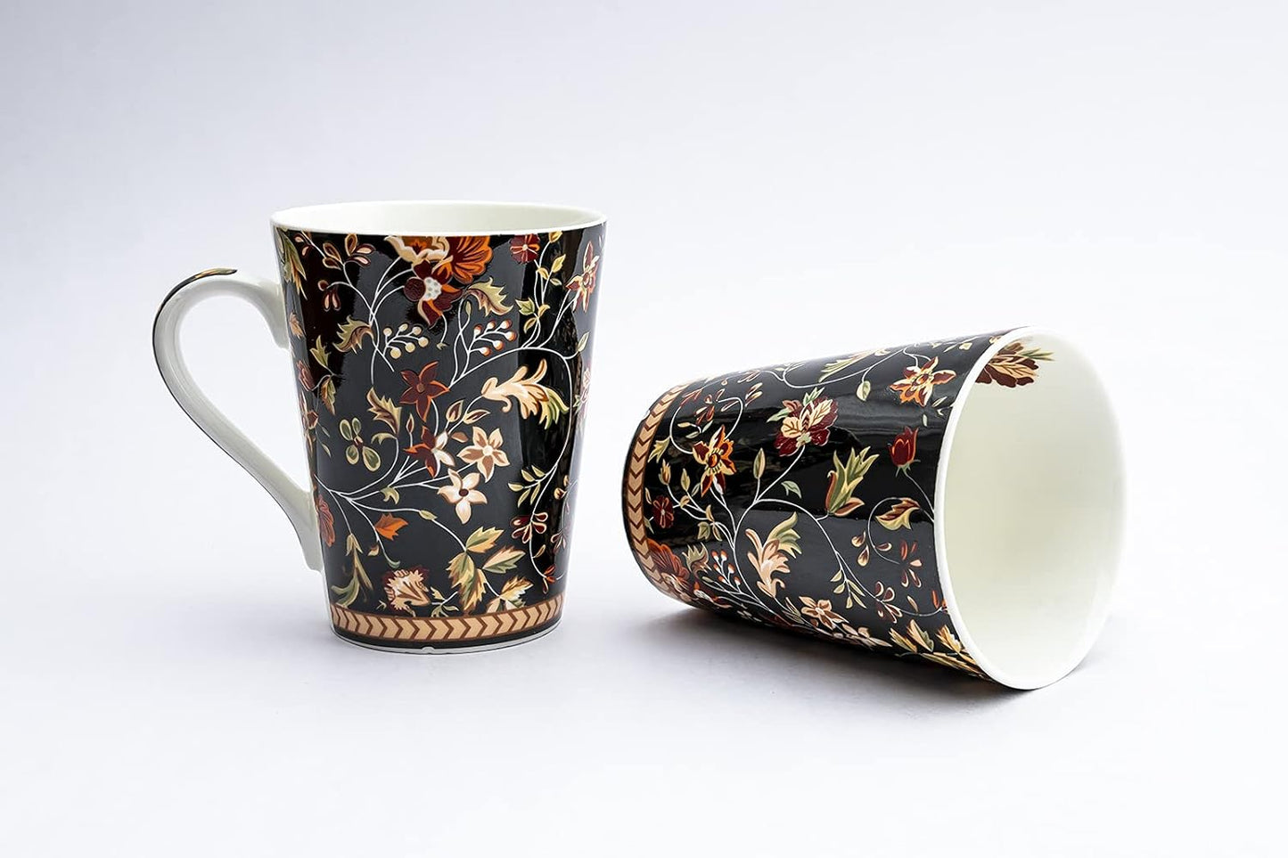 TIO's Ceramic Floral Print - Milk & Coffee Mug, 300 Ml - Set of 2 (Black Beauty)