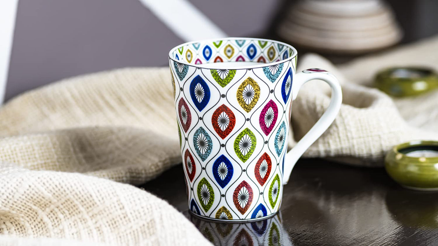 TIO's Ceramic Floral Print - Milk & Coffee Mug, 300 Ml - Set of 2 (Geometric)