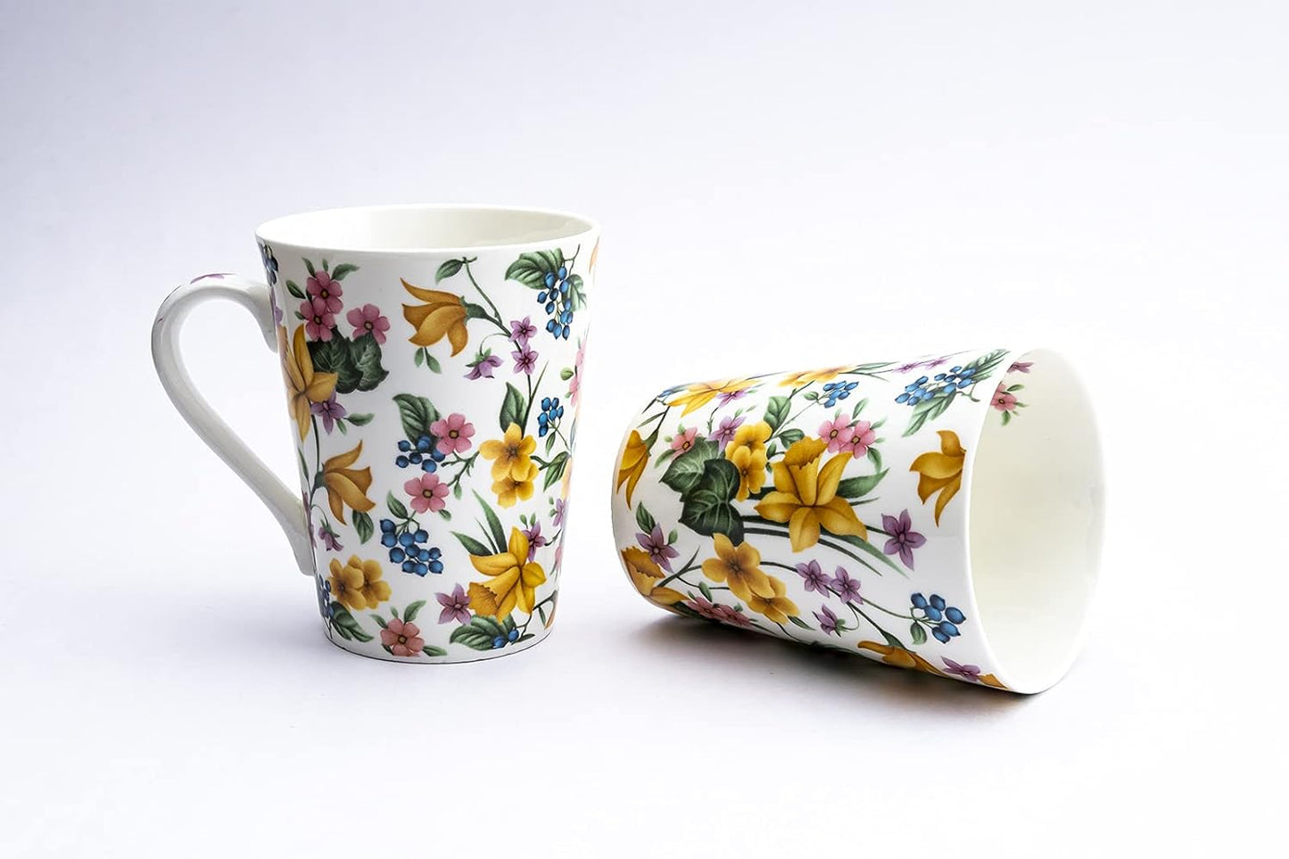 TIO's Ceramic Floral Print - Milk & Coffee Mug, 300 Ml - Set of 2 (Daffodil Tapered)