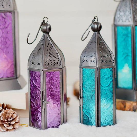 TIO's Moroccan Lanterns for Home Decoration Purple and Blue Textured Glass | Showpiece for Home Decor Living Room Study Room Table Hanging Lantern Lamp | Set of 2 Nickle Black Small - The Indie Odyssey