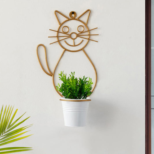 TIO'S 'Cat' Wall Planters for Balcony Living Room (Iron, Brass Finish, 13 Inch) | Wall Hanging Planter Pot Stand for Indoor Plants