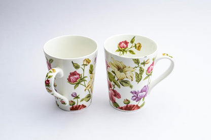 TIO's Ceramic Floral Print - Milk & Coffee Mug, 300 Ml - Set of 2 (Pink & Green Tapered)