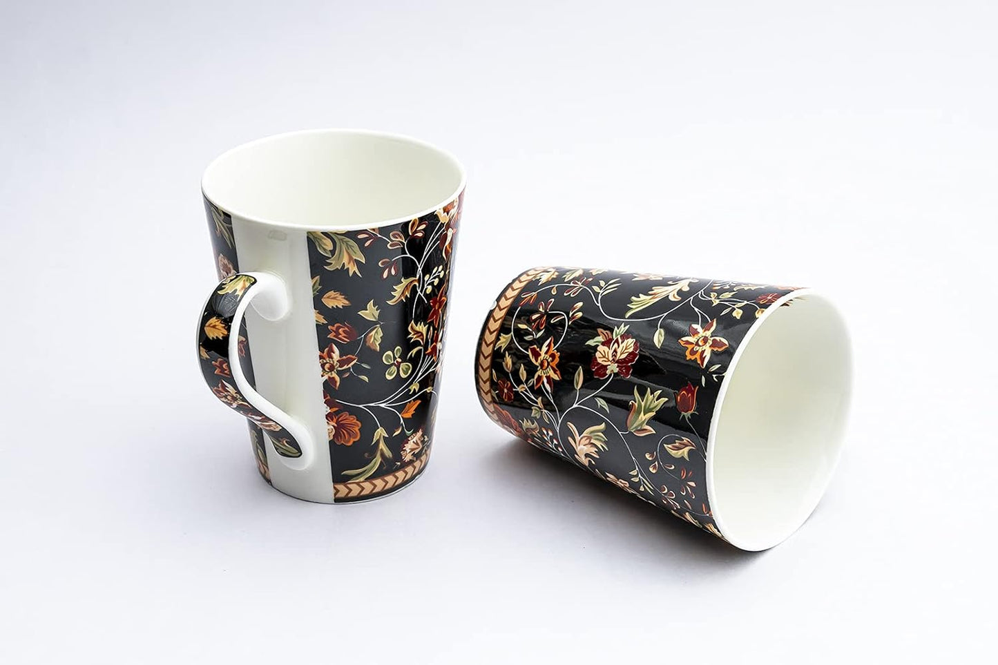 TIO's Ceramic Floral Print - Milk & Coffee Mug, 300 Ml - Set of 2 (Black Beauty)