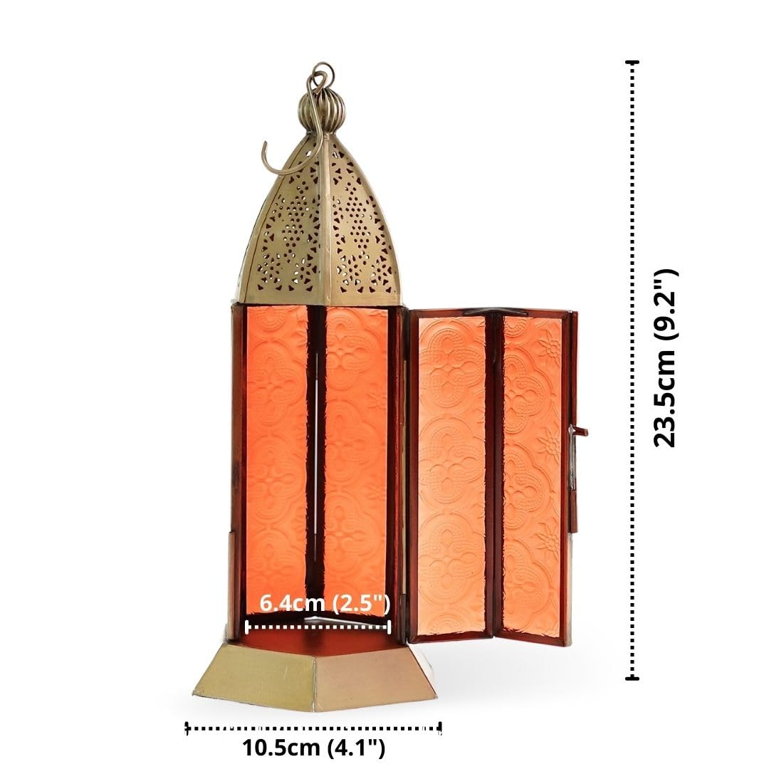 TIO's Moroccan Lanterns for Home Decoration Orange and Green Textured Glass | Metal Showpiece for Home Decor Living Room Study Room Table Hanging Lantern Lamp | Set of 2 Antique Gold Brass Large - The Indie Odyssey