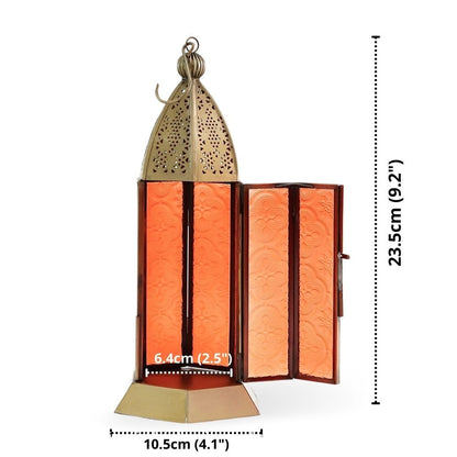 TIO's Moroccan Lanterns for Home Decoration Orange and Green Textured Glass | Metal Showpiece for Home Decor Living Room Study Room Table Hanging Lantern Lamp | Set of 2 Antique Gold Brass Large - The Indie Odyssey