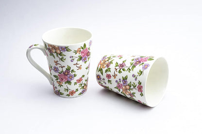 TIO's Ceramic Floral Print - Milk & Coffee Mug, 300 Ml - Set of 2 (Pink Floral Tapered Mugs)