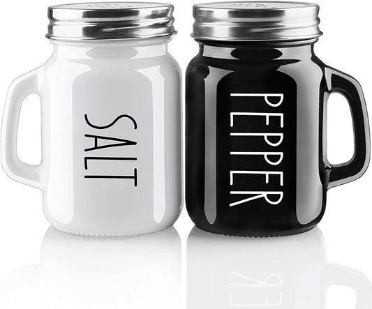 TIO's Salt and Pepper Shakers Set with Stainless Steel Lids and Handle (Black & White)