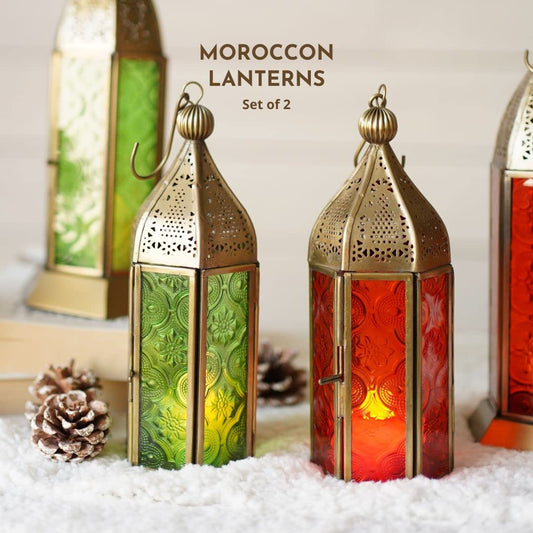 TIO's Moroccan Lanterns for Home Decoration Orange and Green Textured Glass | Metal Showpiece for Home Decor Living Room Study Room Table Hanging Lantern Lamp | Set of 2 Antique Gold Brass Small - The Indie Odyssey