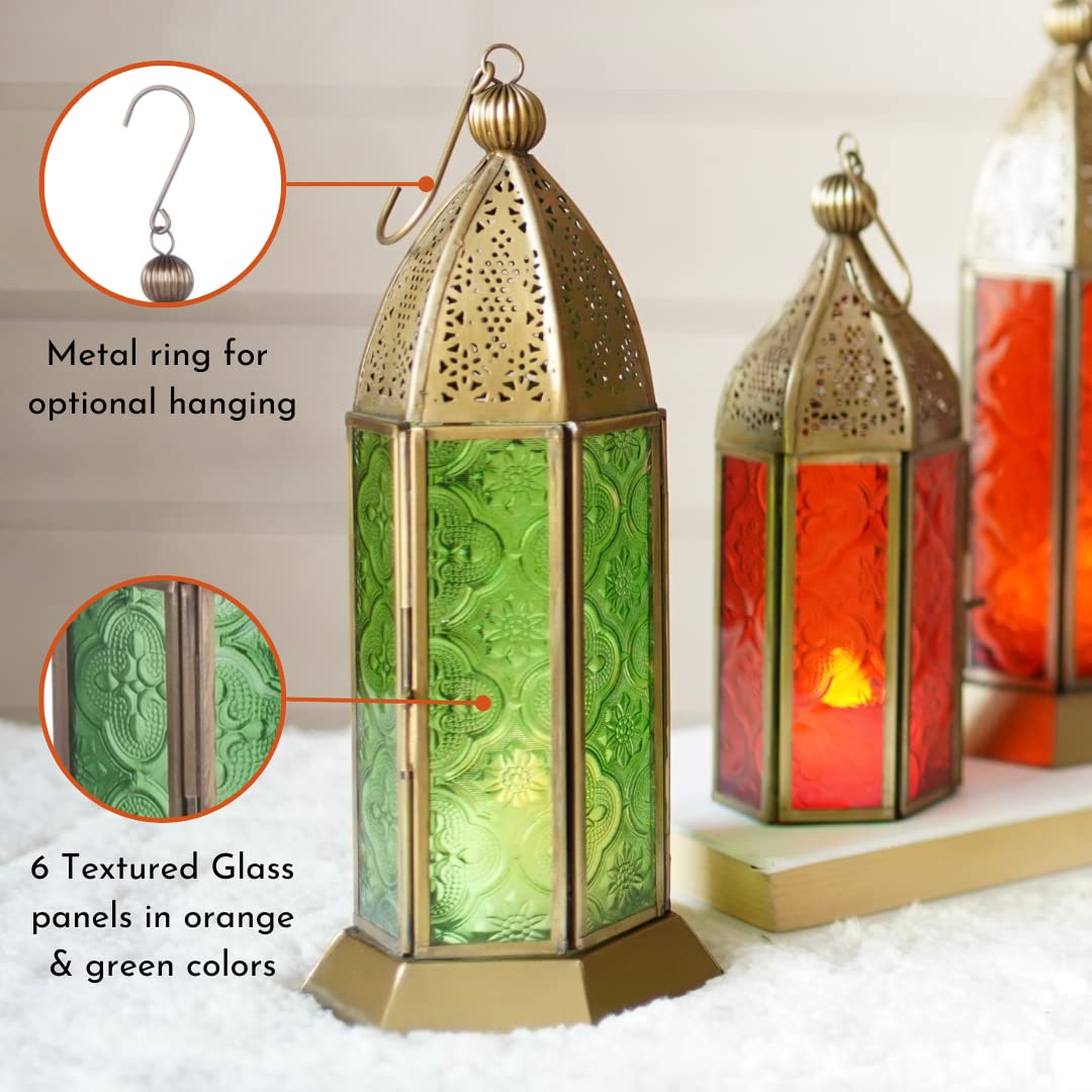 TIO's Moroccan Lanterns for Home Decoration Orange and Green Textured Glass | Metal Showpiece for Home Decor Living Room Study Room Table Hanging Lantern Lamp | Set of 2 Antique Gold Brass Large - The Indie Odyssey