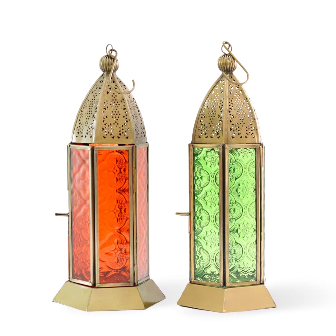 TIO's Moroccan Lanterns for Home Decoration Orange and Green Textured Glass | Metal Showpiece for Home Decor Living Room Study Room Table Hanging Lantern Lamp | Set of 2 Antique Gold Brass Large - The Indie Odyssey