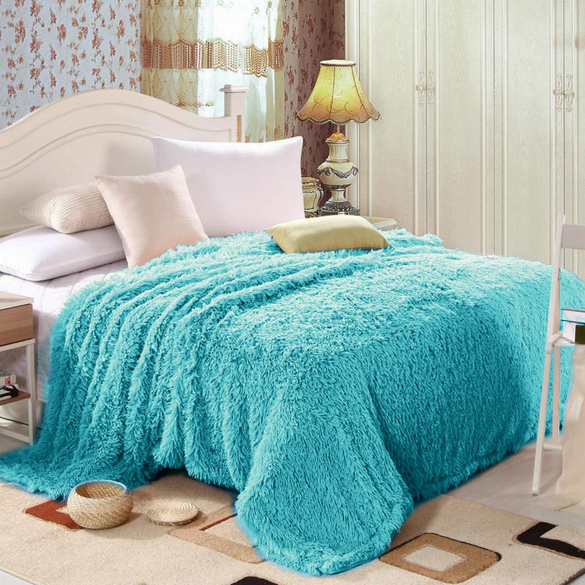 TIO's Super Soft Shaggy Faux Fur Blanket, Plush Fuzzy Bed Throw Decorative Washable Cozy Sherpa Fluffy Blankets for Couch Chair Sofa (Teal Blue 50" x 60")