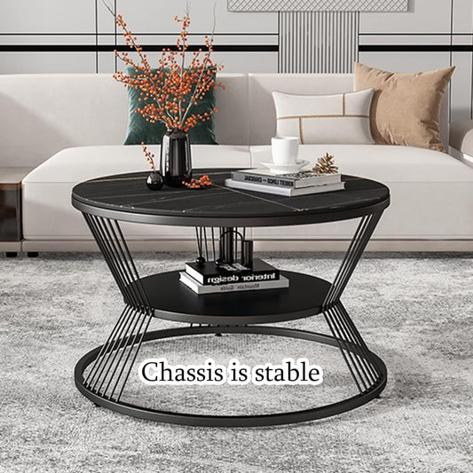 TIO's Double-Layer Marble-Look Coffee Table with Metal Storage (Black)