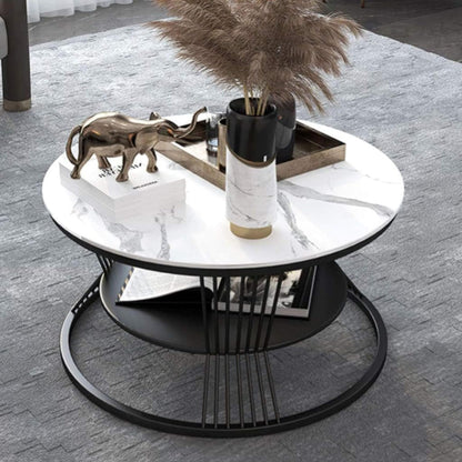 TIO's Double-Layer Marble-Look Coffee Table with Metal Storage (Black & White)