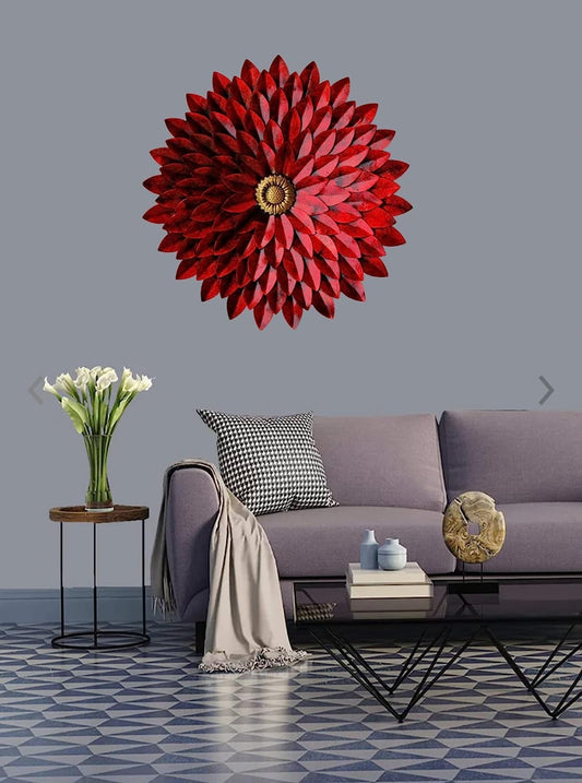 TIO's Rajasthani Ethnic Metal Hand Crafted Round Flower Wall Decor High Gloss Showpiece for Home Decor/Bedroom/Living Room/Office Lobby Wall Hanging (Size 24x3x24 Inch)(Red) - The Indie Odyssey