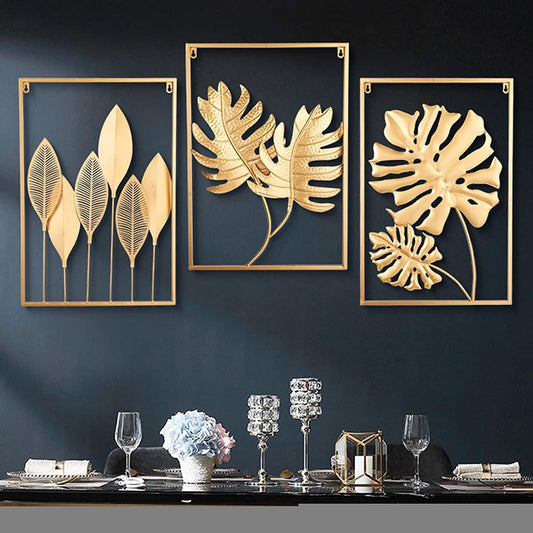 TIO's Gold Metal Wall Decor Leaf Wall Hanging Decoration, Metal Wall Art Home Decor for Living Room Office Bedroom Hotel (Gold Wall Art Set of 3) - The Indie Odyssey