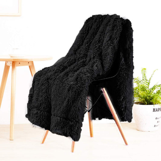 TIO's Super Soft Shaggy Faux Fur Blanket, Plush Fuzzy Bed Throw Decorative Washable Cozy Sherpa Fluffy Blankets for Couch Chair Sofa (Black)