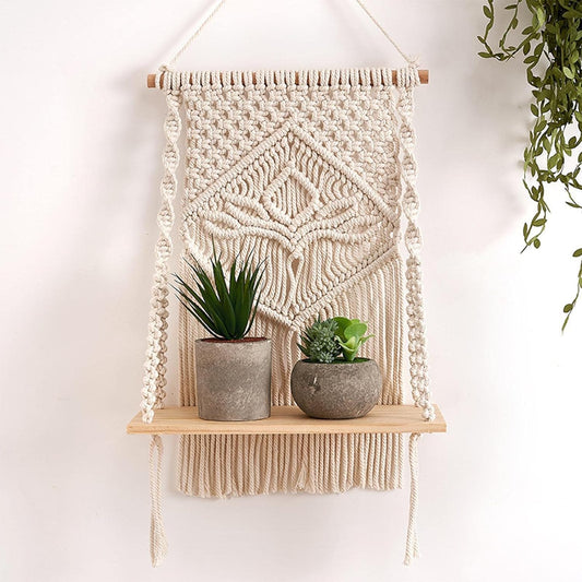 TIO's Macrame Indoor Wall Hanging Shelf Chic Decor Wood Floating Boho Shelves with Wooden Dowel Hand Woven Bohemian Decor for Apartment Dorm Bedroom Living Room Nursery Beige 60 x 30cm