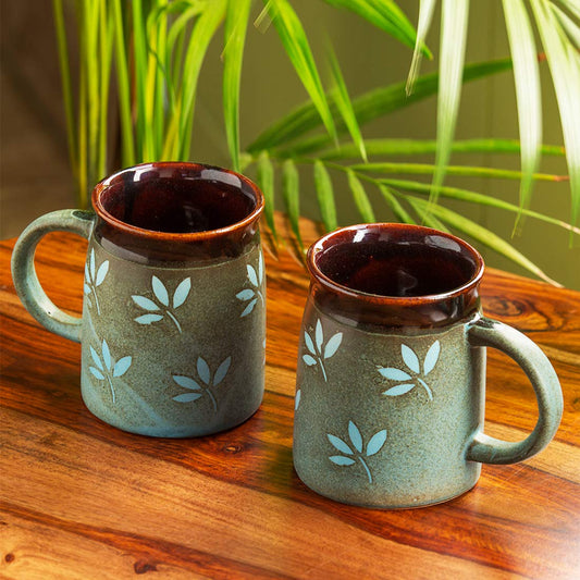 TIO's 'Leaf Sips' Ceramic Tea Cups and Ceramic Coffee Mugs Set of 2 (400 ML, Microwave & Dishwasher Safe)