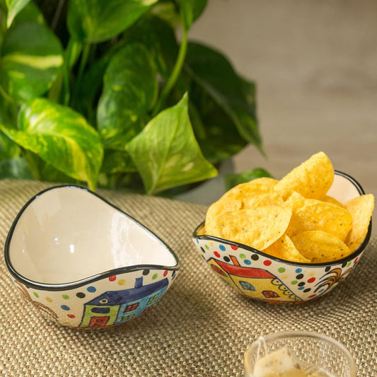 TIO's 'The Hut Curved Serving' Ceramic Bowls For Serving Bowls Set Snacks Bowl Set(2 Pcs,190 Ml)|Handpainted Microwave Safe Bowls Serving Bowls For Snacks Cermic Bowls Set-Multicolor