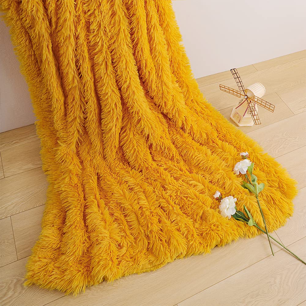 TIO's Super Soft Shaggy Faux Fur Blanket, Plush Fuzzy Bed Throw Decorative Washable Cozy Sherpa Fluffy Blankets for Couch Chair Sofa (Yellow)