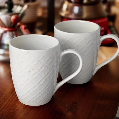 TIO's White Check Coffee Mug Set of 2 Ceramic Mugs | Microwave Safe Coffee Mugs (330 ml Each, White)