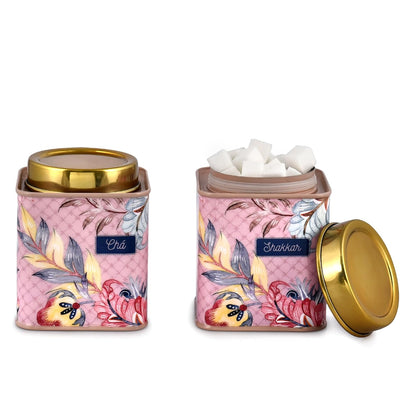 TIO's Gingham & Blooms Air-Tight Stainless Steel Cha Shakkar Square Container | Tea Sugar Kitchen Organizer Jar | Steel Dabba Set of 2 (Printed Dusty Pink, 500ml)