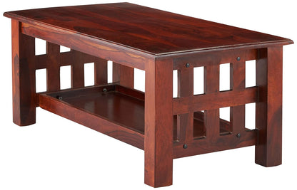 TIO's Victra Coffee Table with Bottom Shelf (Solid Sheesham Wood, Honey Finish)