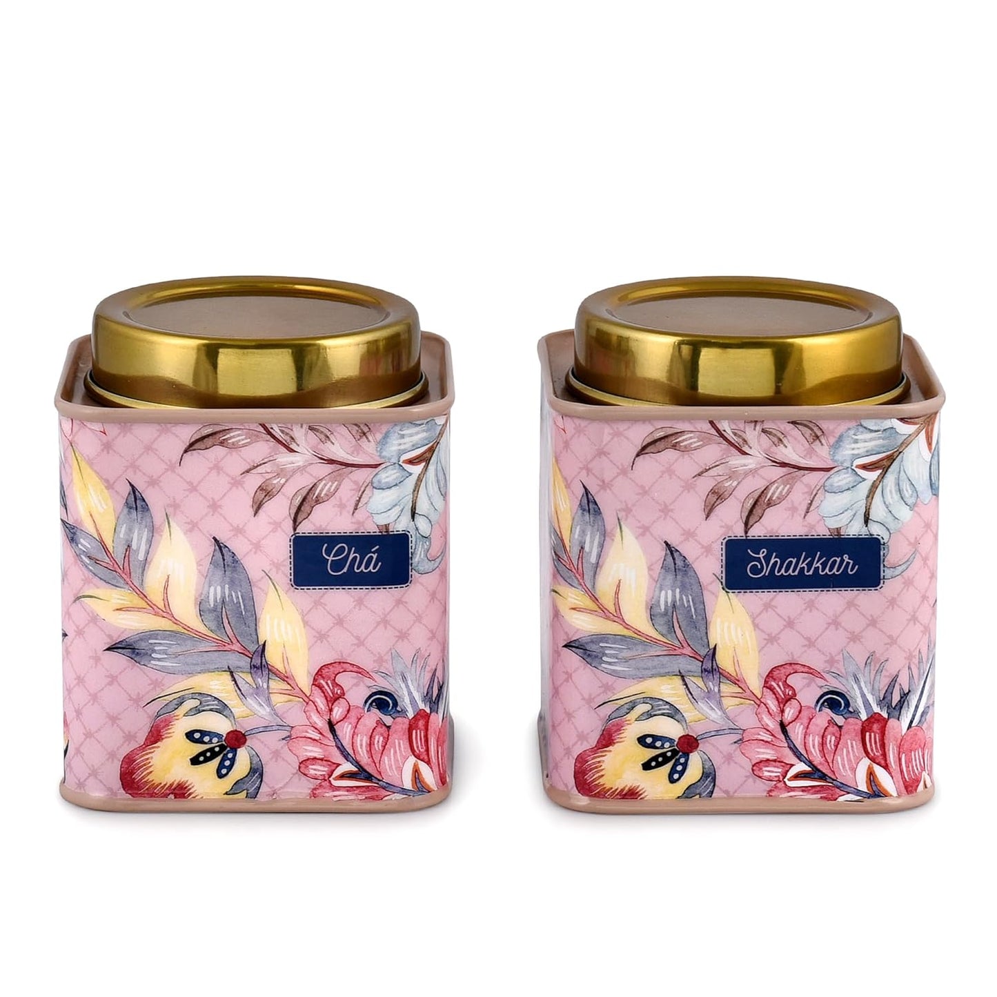 TIO's Gingham & Blooms Air-Tight Stainless Steel Cha Shakkar Square Container | Tea Sugar Kitchen Organizer Jar | Steel Dabba Set of 2 (Printed Dusty Pink, 500ml)