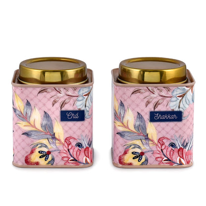 TIO's Gingham & Blooms Air-Tight Stainless Steel Cha Shakkar Square Container | Tea Sugar Kitchen Organizer Jar | Steel Dabba Set of 2 (Printed Dusty Pink, 500ml)