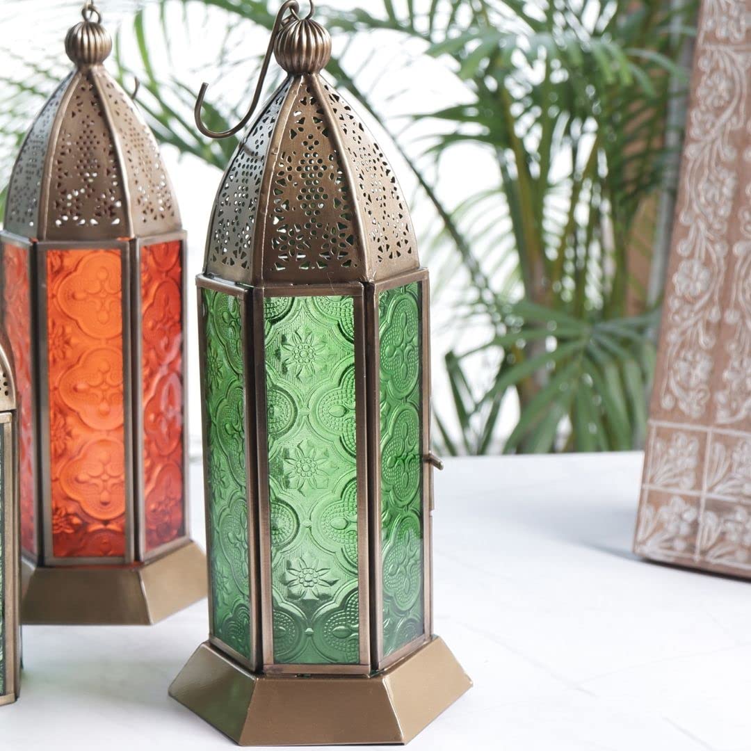 TIO's Moroccan Lanterns for Home Decoration Orange and Green Textured Glass | Metal Showpiece for Home Decor Living Room Study Room Table Hanging Lantern Lamp | Set of 2 Antique Gold Brass Large - The Indie Odyssey