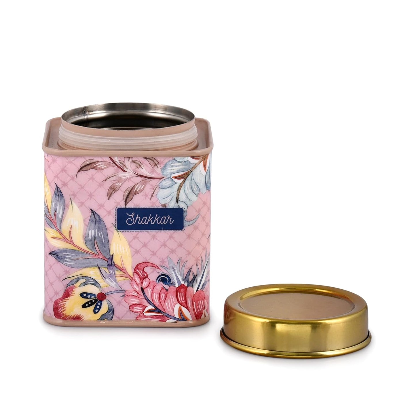 TIO's Gingham & Blooms Air-Tight Stainless Steel Cha Shakkar Square Container | Tea Sugar Kitchen Organizer Jar | Steel Dabba Set of 2 (Printed Dusty Pink, 500ml)