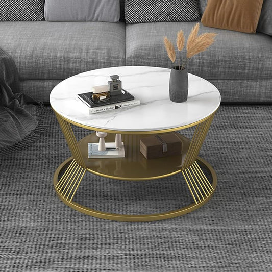 TIO's Double-Layer Marble-Look Coffee Table with Metal Storage (Gold & White)