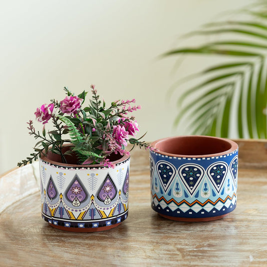 TIO'S 'Aztec Borders' Table Planters for Living Room (Set of 2, 3.4 Inch) | Flower Pots Terracotta Planters Pot for Home Decoration Plant Pot for Indoor Plants Clay Terracotta Pot for Plants