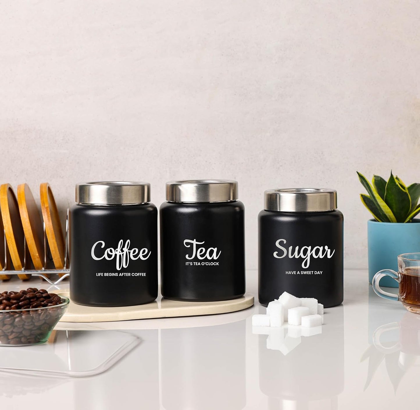 TIO's Stainless Steel Round Canister/Kitchen Storage for Tea Coffee Sugar pack of 3 (BLACK) 800 Millilitre/Each Jar