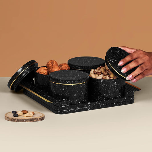 TIO's Unbreakable & Air tight Dry Fruit Container Tray Set with Lid & Serving Tray, Airtight Container Set 430ml (4 Pieces, polypropylene) (Stonex Black)