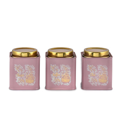 TIO's Gingham & Blooms Leak Proof Air-Tight Stainless Steel Chai Cheeni Kaffee Square Container | Ubha Dabba | Tea Sugar Coffee Kitchen Organizer Jar | Steel Dabba Set of 3 (Mauve, 500ml)