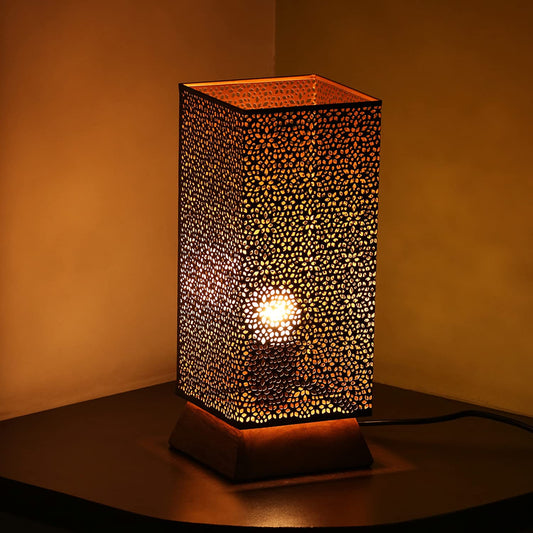 TIO's 'Moroccan Hand-Etched' Iron Bedside Table Lamp for Bedroom Living Room (12 Inch, Iron & Mango Wood, Without Bulb, Pack of 1) |Side Table Lamps for Home Decoration Office Study Side Lamp - The Indie Odyssey