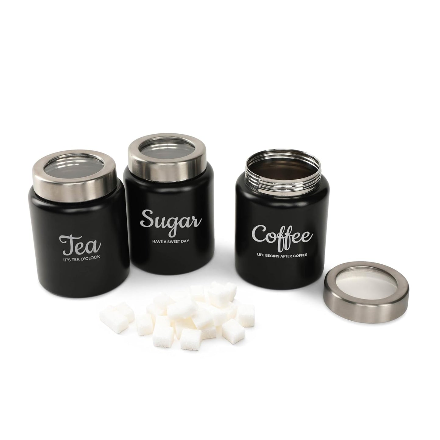 TIO's Stainless Steel Round Canister/Kitchen Storage for Tea Coffee Sugar pack of 3 (BLACK) 800 Millilitre/Each Jar