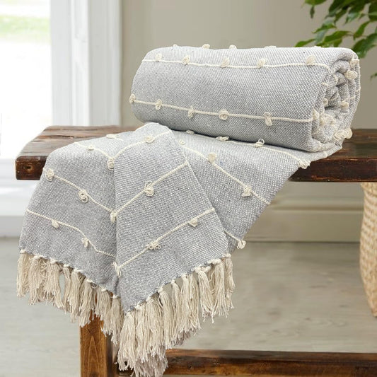 TIO'S Hand-Knitted Pure Cotton Sofa 500 TC Throw Blanket | Soft And Cozy Decorative Throw | 82X52 Inches / 208X132 Cms | Smoke Grey With Tassels | Reversible And Breathable (Pack Of 1)