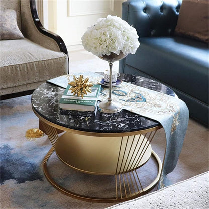 TIO's Double-Layer Marble-Look Coffee Table with Metal Storage (Gold & Black)