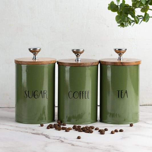 TIO's Tea Coffee Sugar containers set of 3 | Dry fruits kitchen container set | Air tight containers for kitchen storage set (Green, Tin)