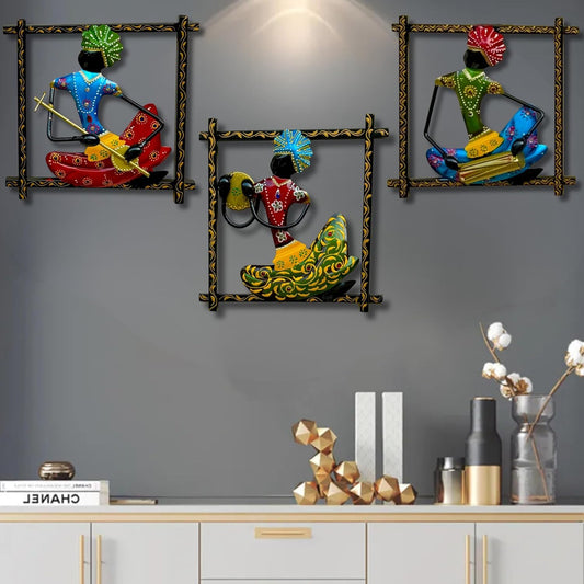 TIO's Wall Art 3 Musicians Doll Metal Frame, Wall Hanging for Living Room, Bedroom, Dining Room Wall Sculpture for Home Decoration, Office, Hotels (Size 9x9 Inch) - The Indie Odyssey