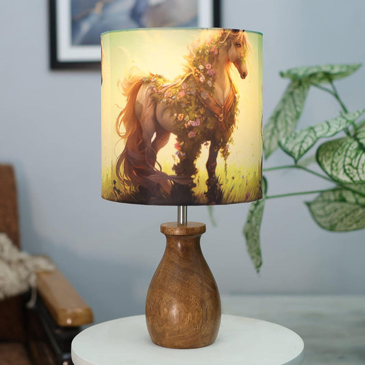 The Indie Odyssey's Dovel Pot, Modern Table Lamp With shade, Wooden Base Modern Fabric Lampshade for Home Office Cafe Restaurant, (Floral Horse) - The Indie Odyssey