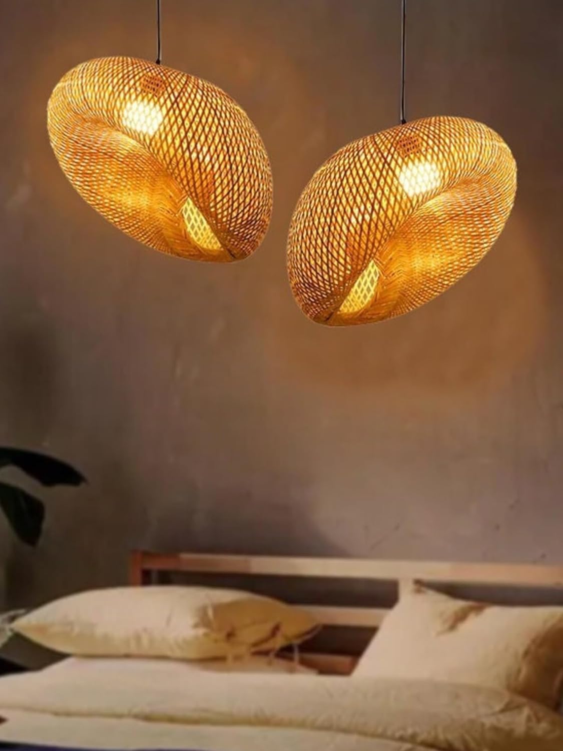 TIO's Bamboo Lamps | Bamboo Pendant Lamp | Boho Lamp | Cane Lamp | Rattan Lampshade | Bamboo Hanging Lamps (Set of 2)