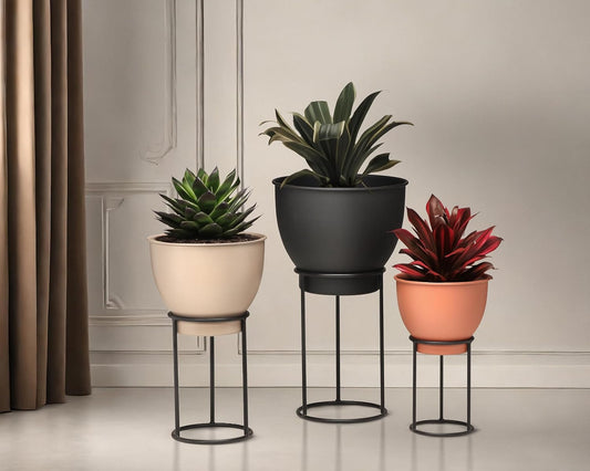 TIO's Metal Flower Planter Pot with Stand (Black,Ivory & Terracotta) (Large 30x54) (Medium 26x45) (Medium 21x35) CM