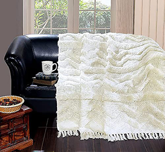 TIO's Cotton Hand Woven Sofa Throw for Sofa and Couch AC Comforter Throw | White