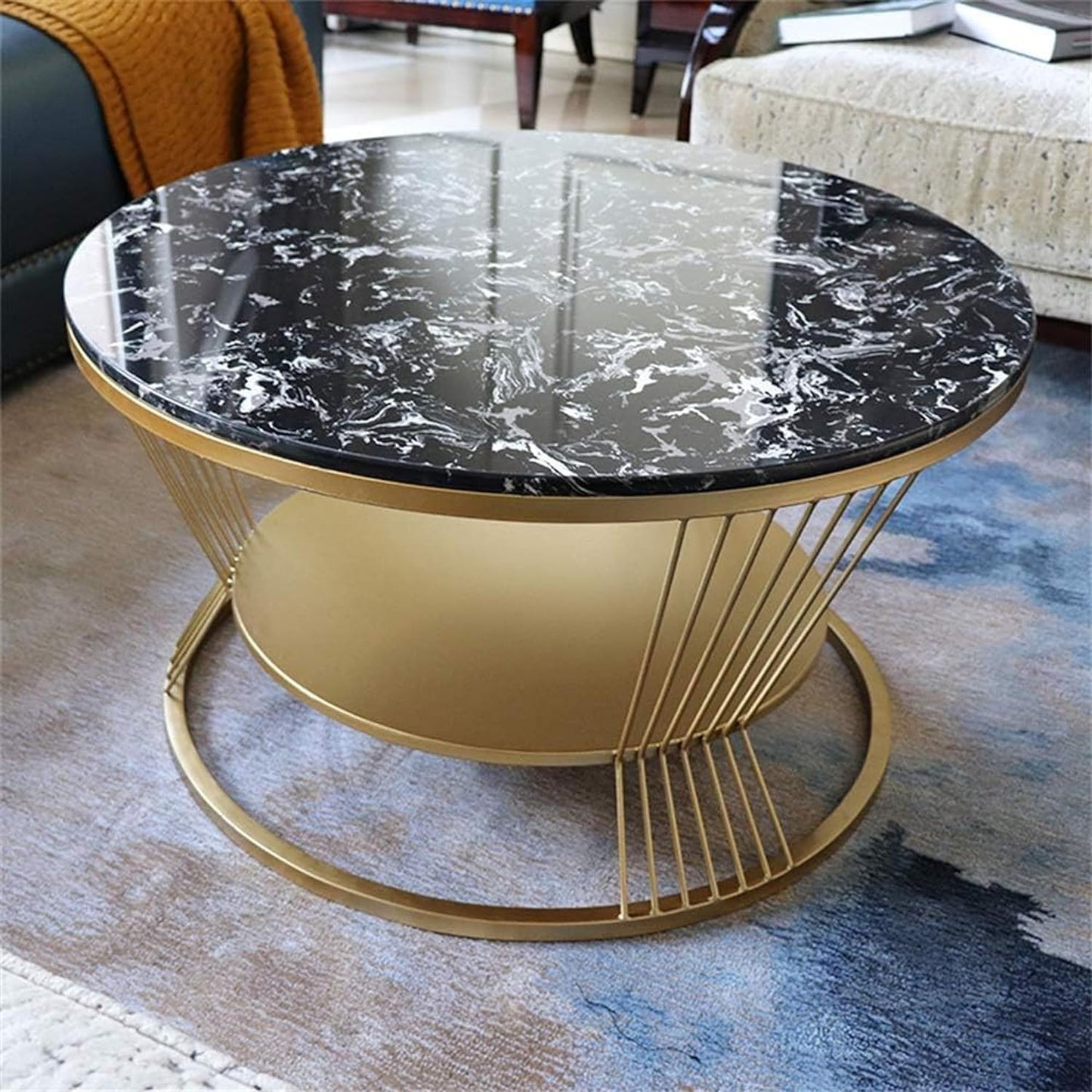 TIO's Double-Layer Marble-Look Coffee Table with Metal Storage (Gold & Black)