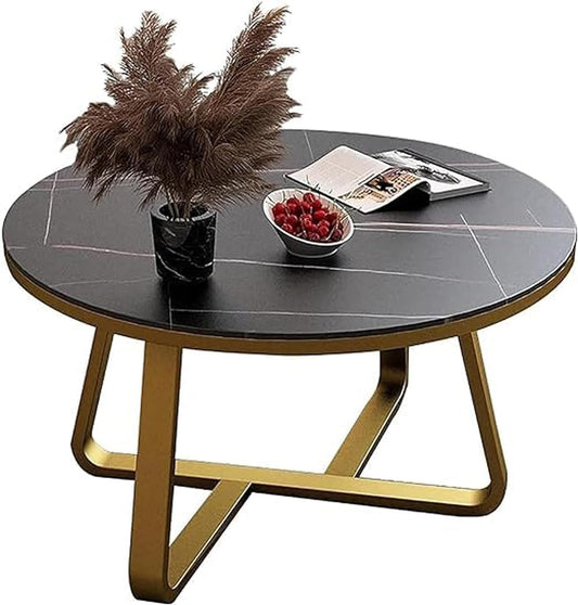 TIO's Double-Layer Marble-Look Coffee Table with Metal Storage (Gold & Black)